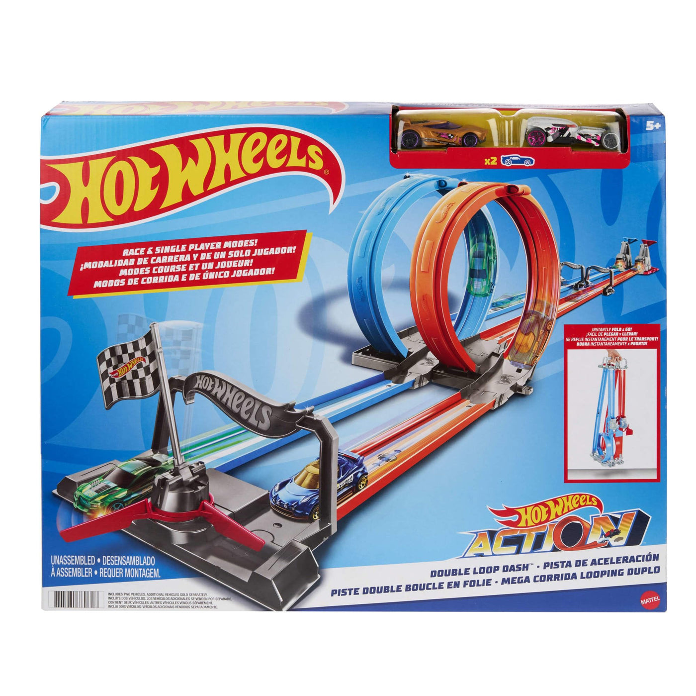 HOT WHEELS Zweispurige Looping Rennstrecke, gerade Trackteile, große Loopings und 2 Spielzeugfahrzeuge im Maßstab 1:64 für Kinder von 5 bis 10 Jahren, GFH85