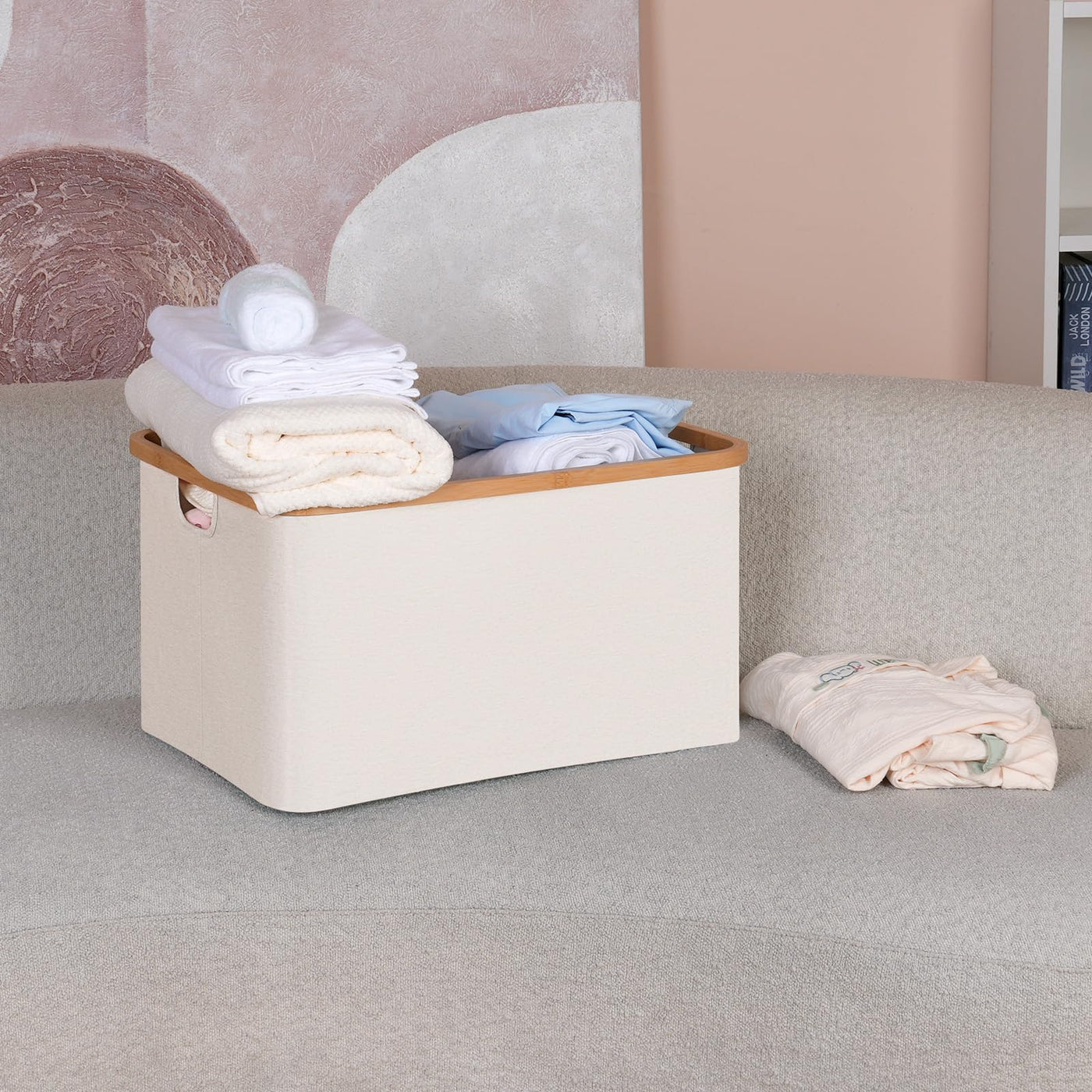 efluky Faltbarer Wäschekorb 60L, Bambus Stoff Faltbarer Storage Basket, Aufbewahrung Klappbar Wäschekorb, Laundry Baskets für Schlafzimmer Badezimmer (Beige)