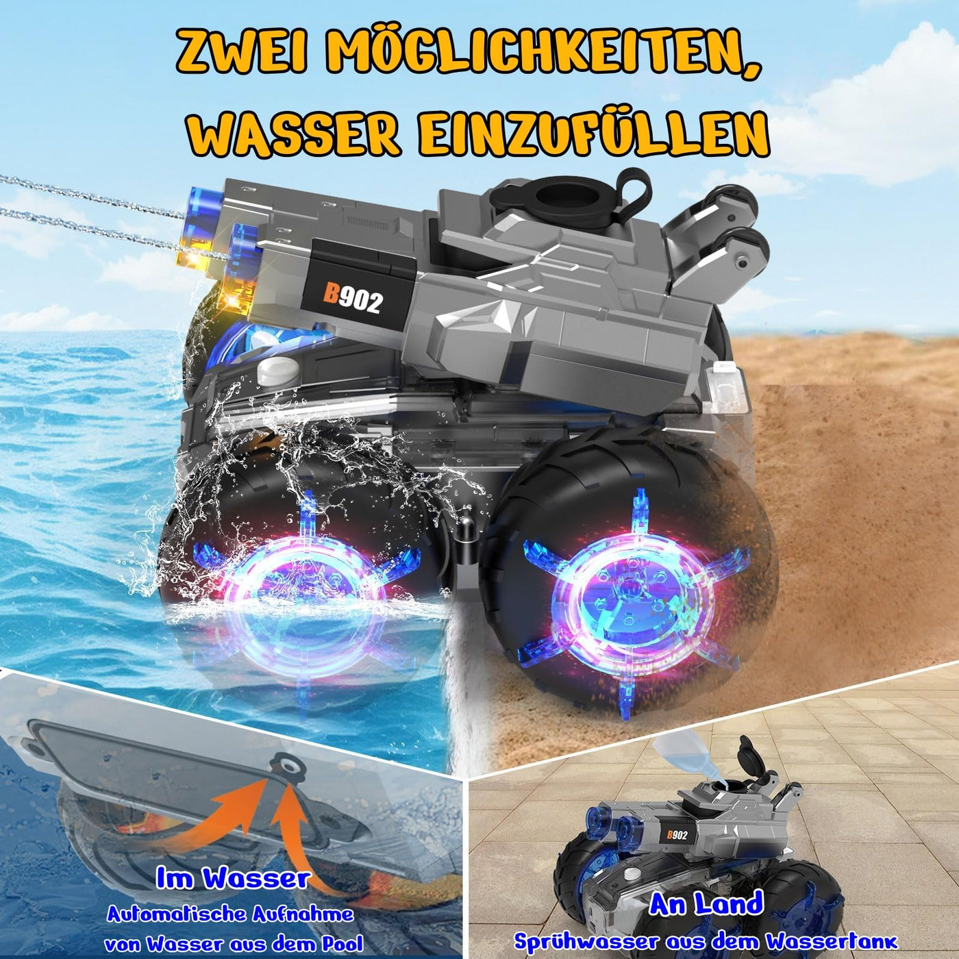 funnykid 3-in-1 RC Panzer 4WD Amphibienfahrzeug mit Wasserkanonen, LED-Lichtern & 2 Akkus (45+ Min Laufzeit) – Ferngesteuertes Auto für Kinder 6 7 8 9 10 11 12, Geländewagen für Land & Wasser