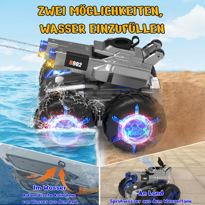 funnykid 3-in-1 RC Panzer 4WD Amphibienfahrzeug mit Wasserkanonen, LED-Lichtern & 2 Akkus (45+ Min Laufzeit) – Ferngesteuertes Auto für Kinder 6 7 8 9 10 11 12, Geländewagen für Land & Wasser