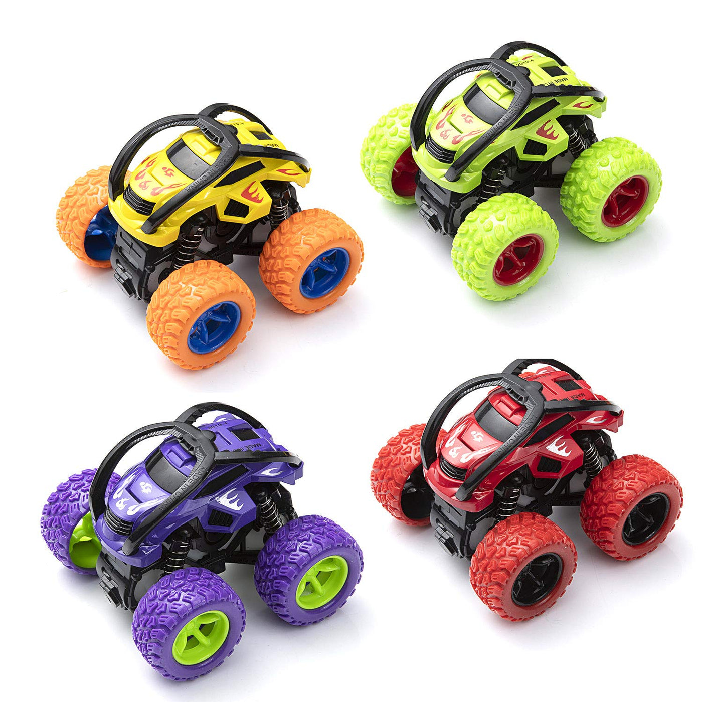 Monster Trucks Spielzeug 4 Stück Reibungsbetriebene Rennwagen LKW Zurückziehen 360 Grad Rotierendes Geländewagen Spielzeugauto für Geschenk 3 4 5 6 7 8 Jahre Jungen Mädchen (A)
