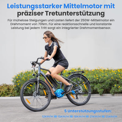 Touroll MA2 27.5'' E-Bike für Erwachsene, Cityräder Elektrofahrrad mit 250W 70N.M Mittelmotor Motor und 36V 468Wh Akku, Reichweite 100km, Hydraulische Scheibenbremse Ebikes für Herren Damen (Grau)