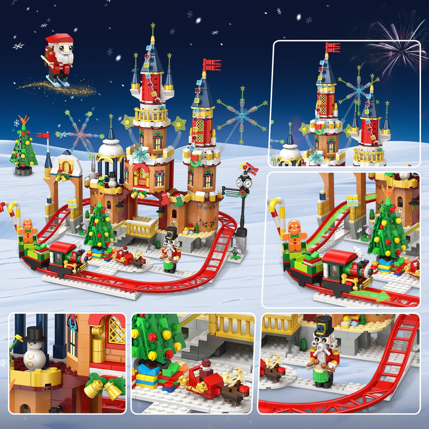 CUBIMANA Weihnachtsschloss-Achterbahn-Bausatz mit Lichtern – 2025 Schlossdorf-Achterbahn-Bausteine Haus Weihnachtsbaum Zug Weihnachtsmann-Spielset Geschenk Erwachsene Kinder Jungen Mädchen(1232Teile)