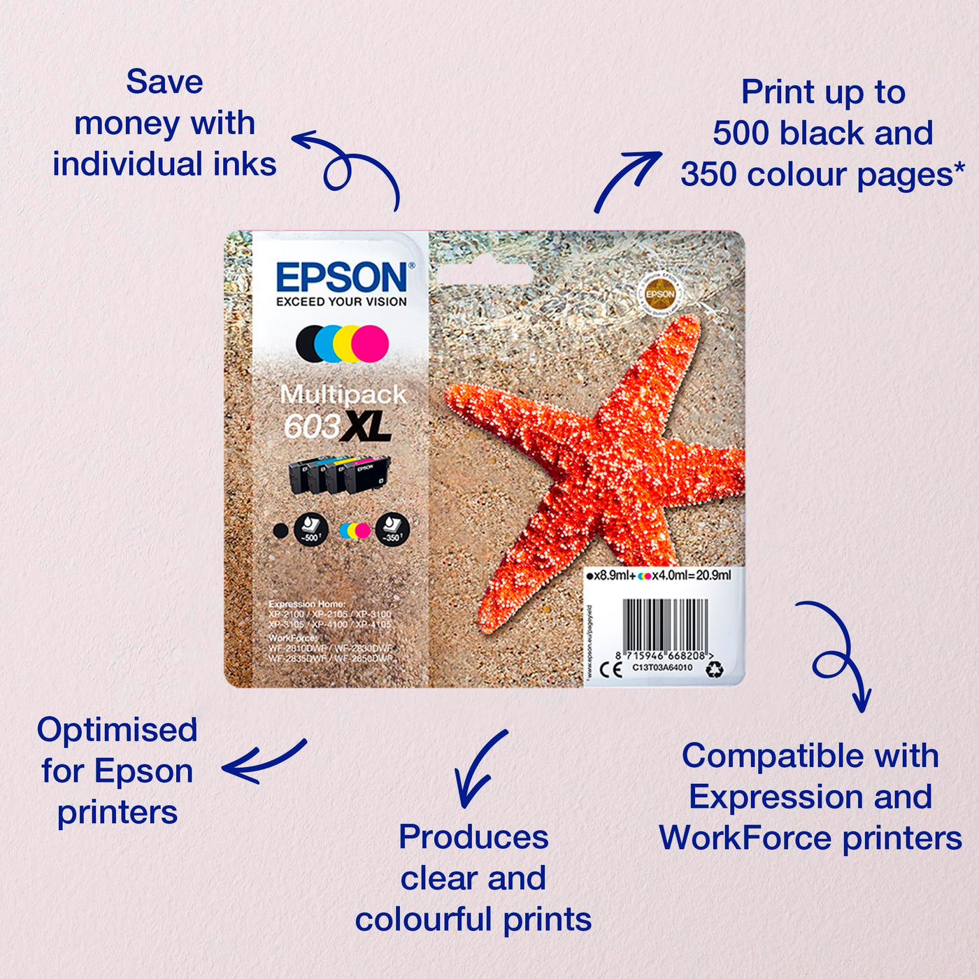 Epson Original 603XL Tinte Seestern Multipack 4-farbig XL, WF-2820DWF WF-2830DWF WF-2840DWF WF-2850DWF XP-2100 XP-2150 XP-3100 XP-3150 XP-4100 XP-4150, ReadyPrint Flex-Tintentarife