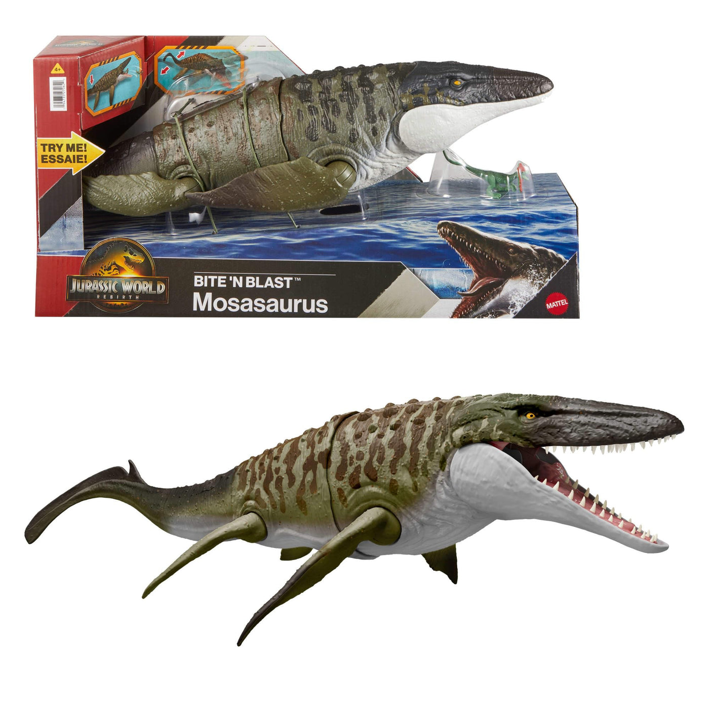 Mattel Jurassic World: Die Wiedergeburt Bite N Blast Mosasaurus Actionfigur und Mini-Dilophosaurus, Dinosaurier-Spielzeug mit breitem Kiefer, filmgetreues und bewegliches Design, JJP80