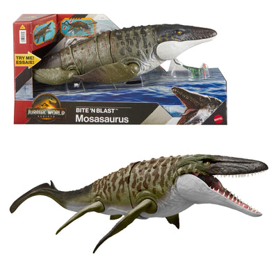 Mattel Jurassic World: Die Wiedergeburt Bite N Blast Mosasaurus Actionfigur und Mini-Dilophosaurus, Dinosaurier-Spielzeug mit breitem Kiefer, filmgetreues und bewegliches Design, JJP80