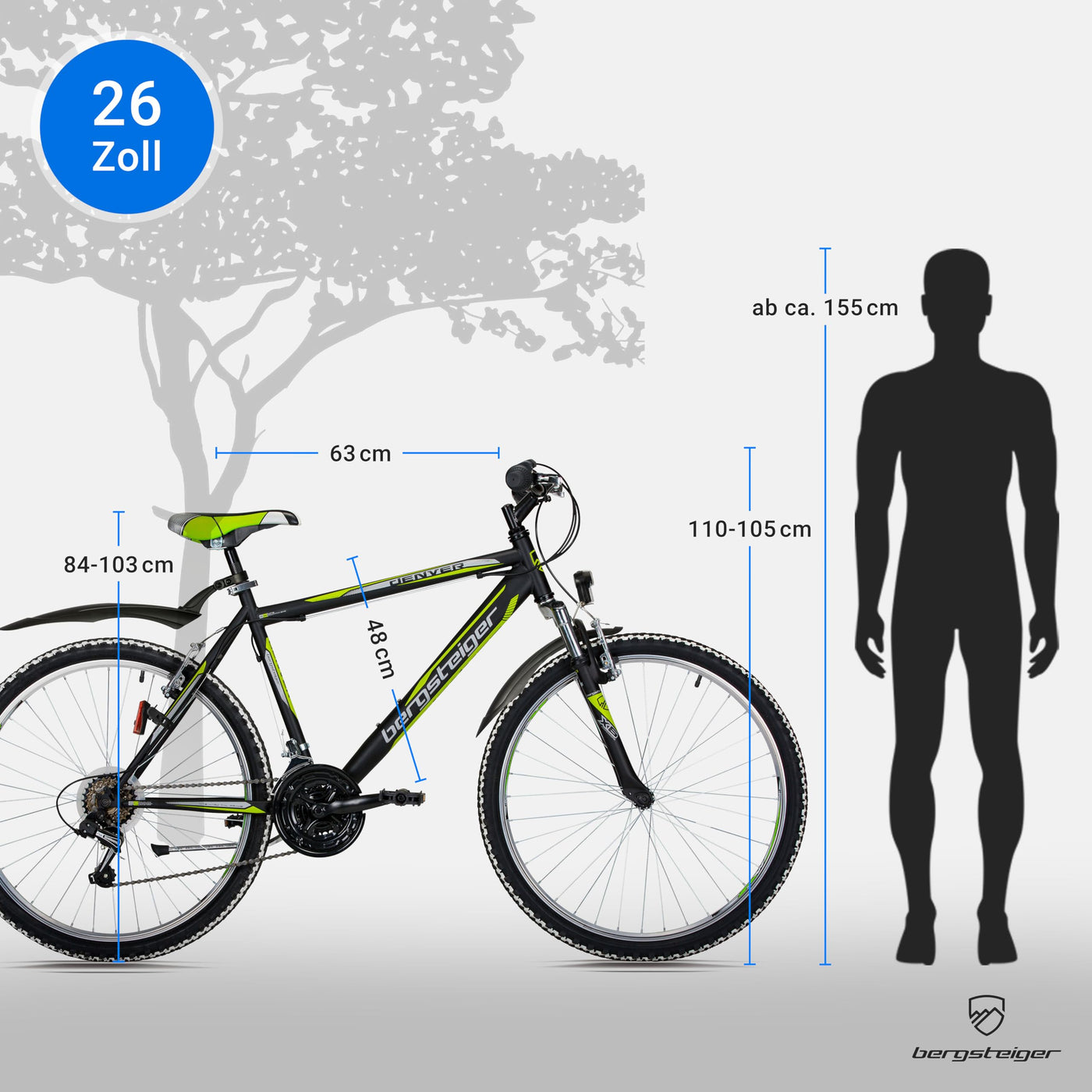 Bergsteiger Denver 26 Zoll Mountainbike, geeignet ab 155 cm, 18 Gang-Schaltung, Licht, Schutzblech, Gabel-Federung