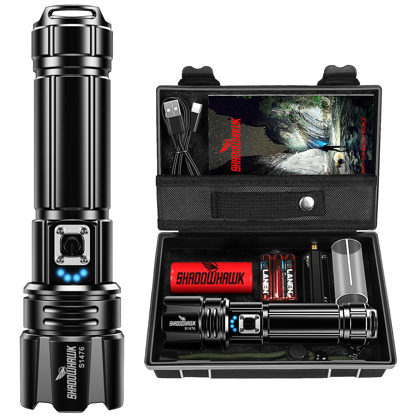 Shadowhawk Taschenlampe Led 500000 Lumen, Extrem Hell Taschenlampe USB Aufladbar Taktische Taschenlampen Mit holster XHP70.2, IP67 Wasserdicht 5 Lichtmodi für Camping Wandern Notfälle