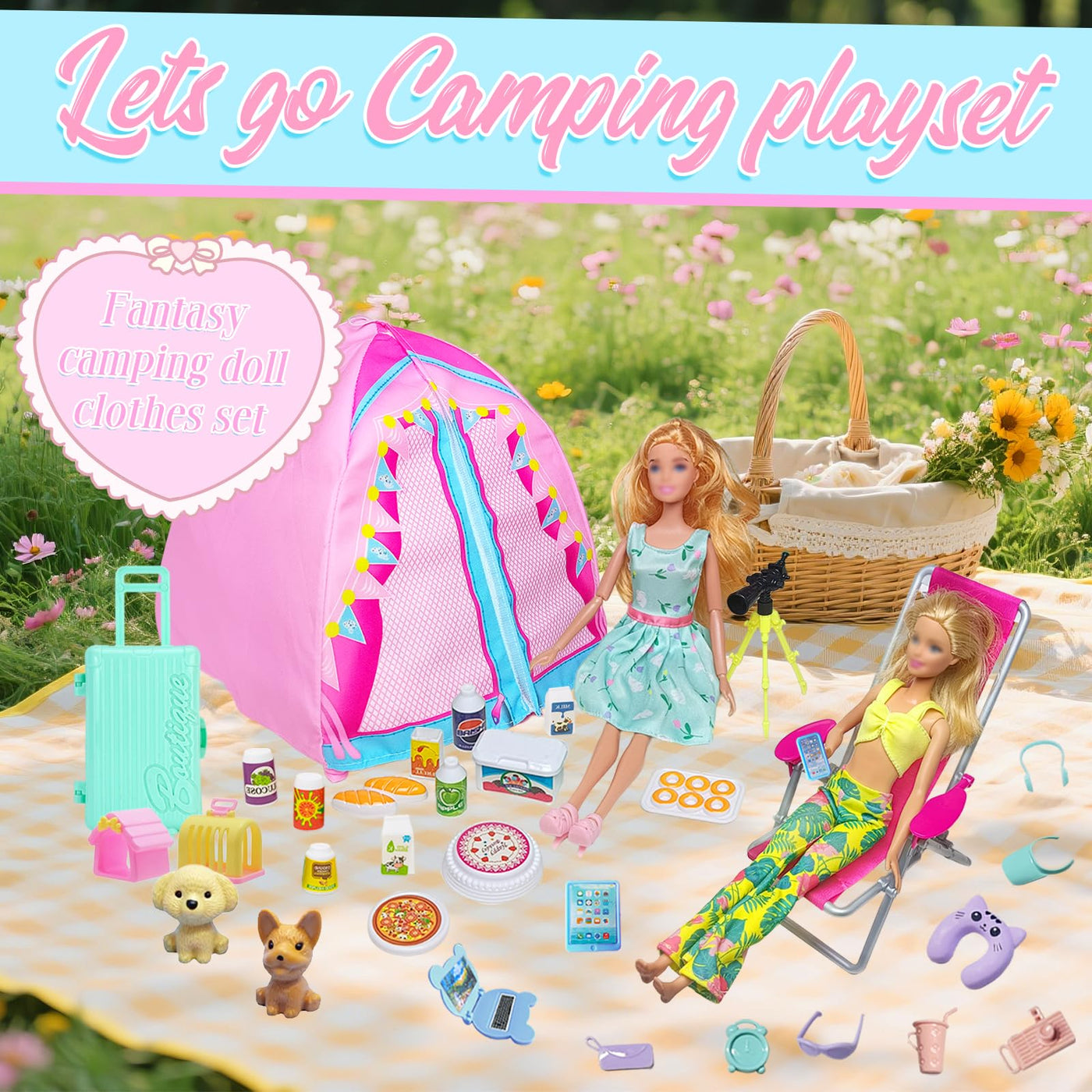 43 Kleidung Camping Sets Kompatibel mit Barbie 11.5inch Puppe, 1 Zelt 1 Liegestuhl 4 Oberteile 4 Hosen 1 Rock 1 Fernglas 1 Reisegepäck 24 Zubehör 6 Schuhe für 11,5 Zoll Puppe Mädchen Geschenk Zufällig