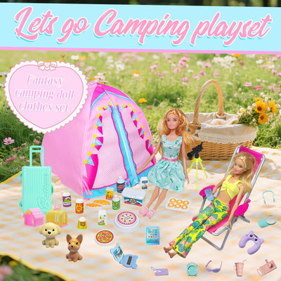 43 Kleidung Camping Sets Kompatibel mit Barbie 11.5inch Puppe, 1 Zelt 1 Liegestuhl 4 Oberteile 4 Hosen 1 Rock 1 Fernglas 1 Reisegepäck 24 Zubehör 6 Schuhe für 11,5 Zoll Puppe Mädchen Geschenk Zufällig