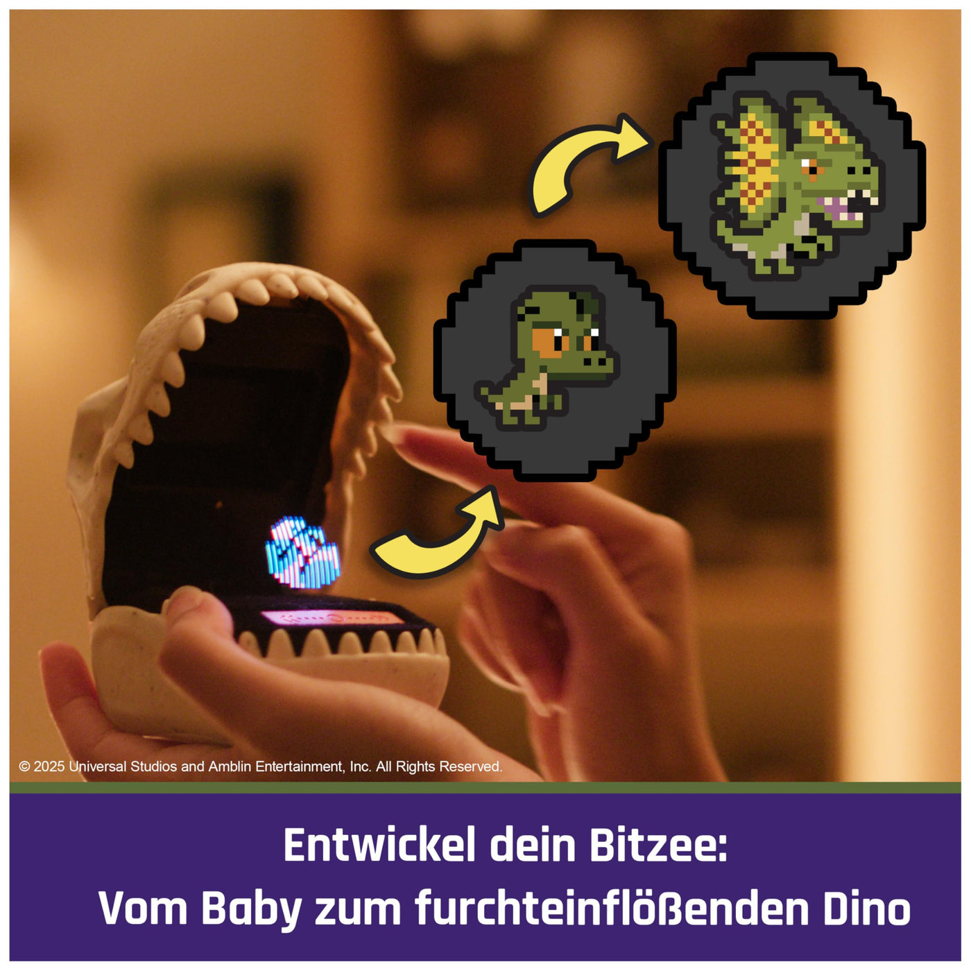 Bitzee Jurassic World - interaktives Spielzeug im Design eines T-Rex Schädels, mit 25 virtuellen Dinosauriern, die auf Bewegung reagieren und Battle Modus, Sammlerstück, für Kinder ab 5 Jahren