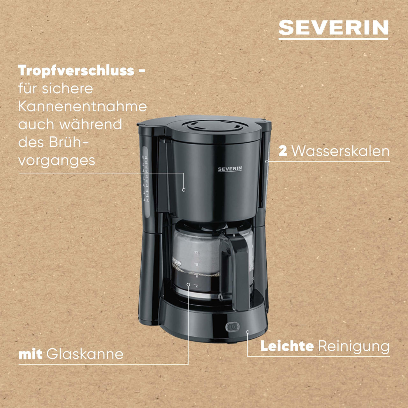 SEVERIN Kaffeemaschine "TypeSwitch" mit Glaskanne, AromaSwitch zur Wahl zwischen 2 Brühprofilen, Kaffeeautomat für bis zu 10 Tassen, 1.000W, Edelstahl-gebürstet-schwarz, KA 4825