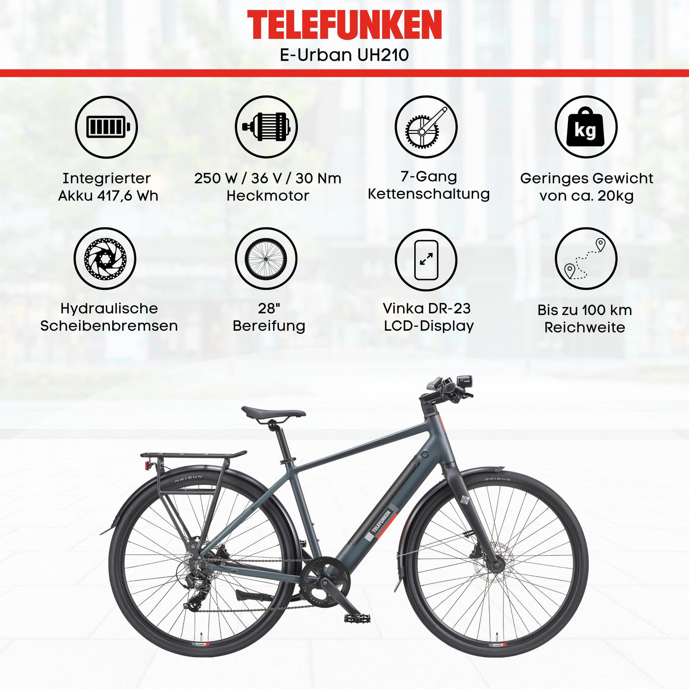 TELEFUNKEN E-Bike Herren 28 Zoll, Elektrofahrrad Hinterradmotor, 7-Gang Kettenschaltung, Hydr. Scheibenbremsen - Pedelec Urban-Bike, UH210