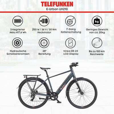 TELEFUNKEN E-Bike Herren 28 Zoll, Elektrofahrrad Hinterradmotor, 7-Gang Kettenschaltung, Hydr. Scheibenbremsen - Pedelec Urban-Bike, UH210