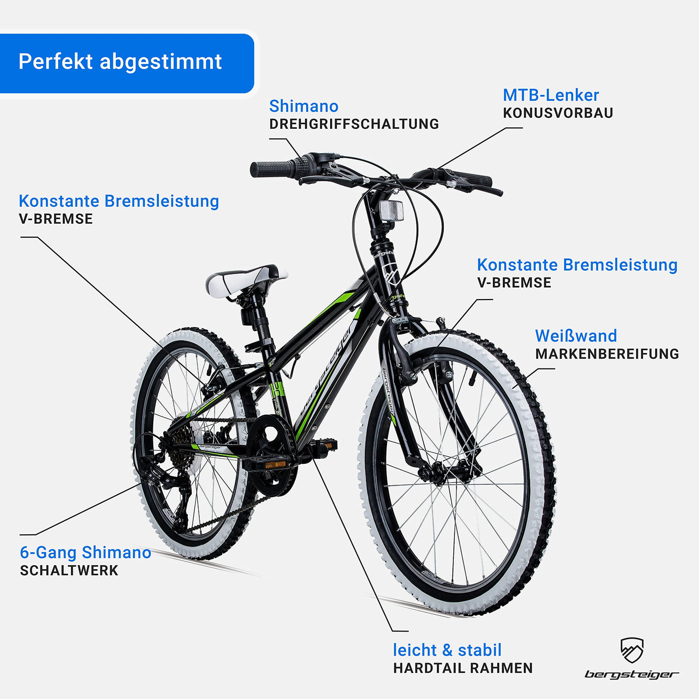 Bergsteiger Kansas 20, 24 Zoll Kinderfahrrad, geeignet für 6, 7, 8, 9, 10, 11 Jahre, Shimano 6 Gang-Schaltung, Mountainbike mit Weißwandbereifung, Jungen-Fahrrad, Mädchen-Fahrrad