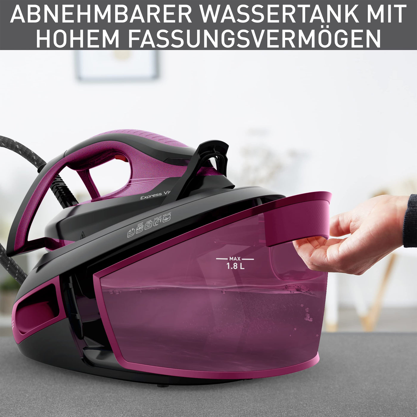 Tefal SV8152 EXPRESS VISION, LED Beleuchtung, leistungsstarker 6,9-Bar-Druck, Dampfstoß: 480g/Min., Smart Temp-Technologie, abnehmbarer Kalk-Kollektor, Eco-Modus, 1,8 L Wassertank, Lila