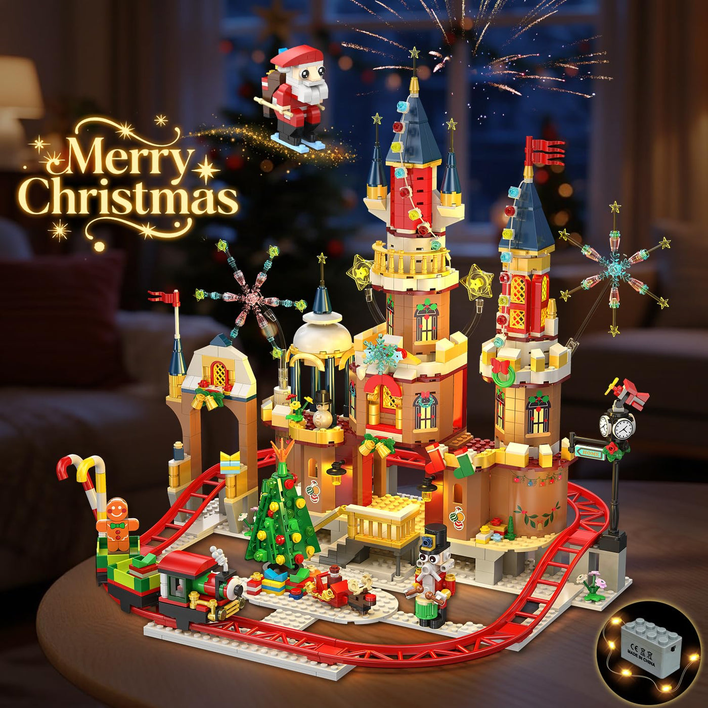 CUBIMANA Weihnachtsschloss-Achterbahn-Bausatz mit Lichtern – 2025 Schlossdorf-Achterbahn-Bausteine Haus Weihnachtsbaum Zug Weihnachtsmann-Spielset Geschenk Erwachsene Kinder Jungen Mädchen(1232Teile)