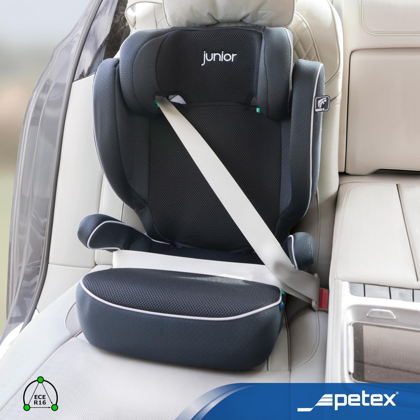 PETEX Auto-Kindersitz mit ISOFIX - Basic Plus i-Size Norm nach ECE R129 für Kinder von ca. 100-150 cm, höhenverstellbarer Kinderautositz in schwarz, 1 Stück