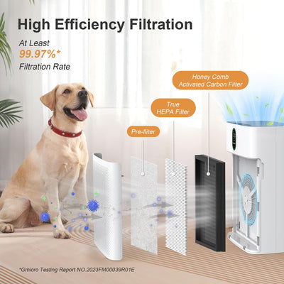 MORENTO Luftreiniger Allergiker für Wohnung Raucherzimmer, HEPA Luftfilter gegen Staub Pollen Tierhaare, CADR 300m³/h für 100㎡, Luftqualitäts-Feedback & Automodus, 24dB Air Purifier Timer(Weiß)