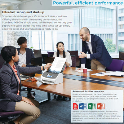iX1600 ScanSnap Scanner (White) - A4, A5, A6, B5, B6, Visitenkarte, Postkarte, Letter, Legal und Benutzerdefiniert, Duplex, Wi-Fi, USB3.2, (40 Seiten/80 Bilder/Min) mit ADF, White, ADF, 40 ppm