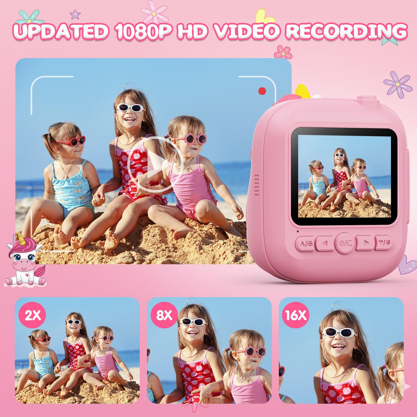 CAMCLID Kinderkamera Sofortbildkamera, 2,4 Zoll Sofortbildkamera Kinder mit 32G TF Karte und Fotopapier Drucken, 1080P HD Digitalkamera Kinder, Geschenke für Jungen und Mädchen 3-12 Jahre (Rosa)