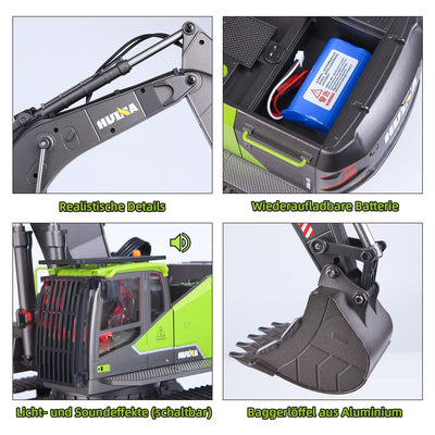 Generisch Huina 1593 Ferngesteuertes Baggerspielzeug, RC-Bagger-Sandkasten mit voll funktionsfähiger Bagger-Fernbedienung und Metallschaufel, ferngesteuert, mit Akku und Ladegerät, 2 Akkus, 3 Aufsätze