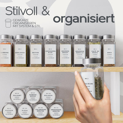 Homety Gewürzgläser Eckig - Set Edelstahl Deckel (24 Stück) - Gewürzbehälter 240 Etiketten - Gewürzdosen zur Gewürze aufbewahrung [120 ml] - Weiß
