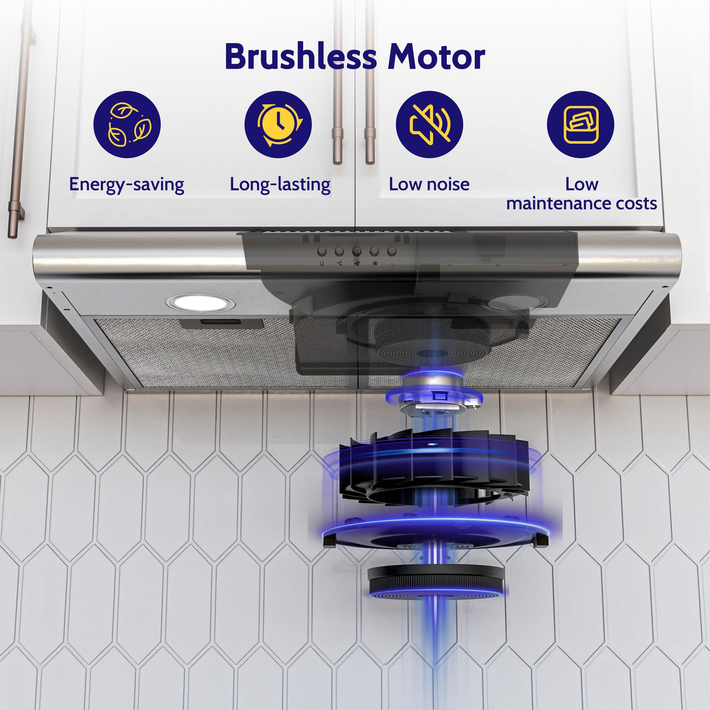 FIREGAS Dunstabzugshaube 60cm für Umluft- oder Abluftbetrieb, Dunstabzugshaube 60cm mit Bürstenloser motor & 3 Leistungsstufen, Abzugshaube Abluftleistung 250 m³/h, Edelstahl
