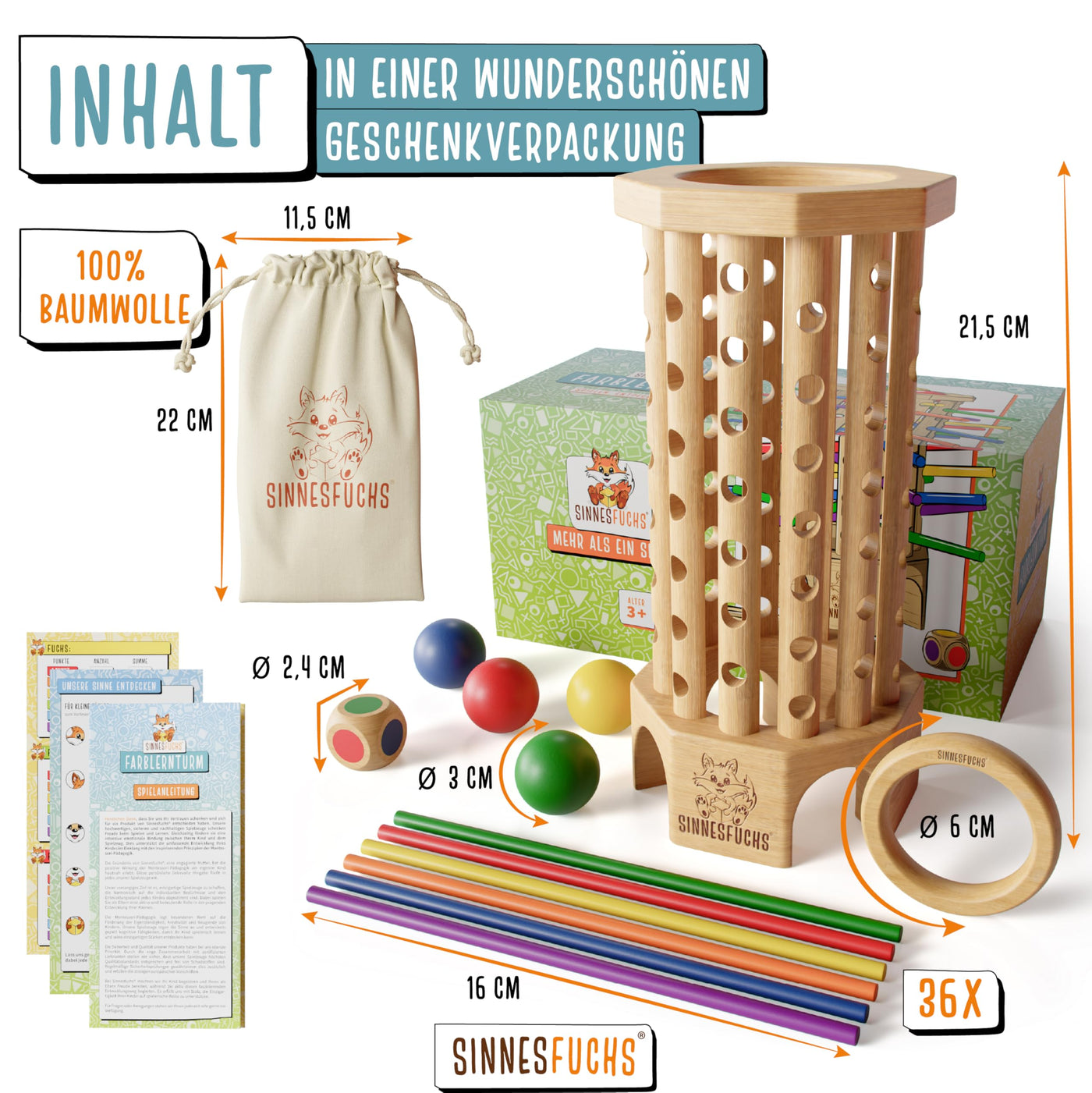 SINNESFUCHS® Farblernturm - Montessori Spielzeug ab 3 Jahre - Holzspielzeug pädagogisch wertvoll - Lernspiele ab 3 Jahre - Stäbchenspiel aus Holz -Kinderspiele ab 4 Jahre - Kinder Farben Spiel