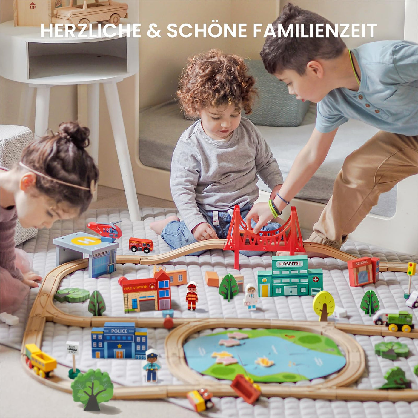 Tiny Land Eisenbahn-Set, 110-teiliges Holzeisenbahn-Set, Spielzeugeisenbahn für Jungen und Mädchen mit Holzeisenbahnschienen, Holzspielzeug für Kleinkinder und Kinder im Alter von 3–7 Jahren, Eisenbah