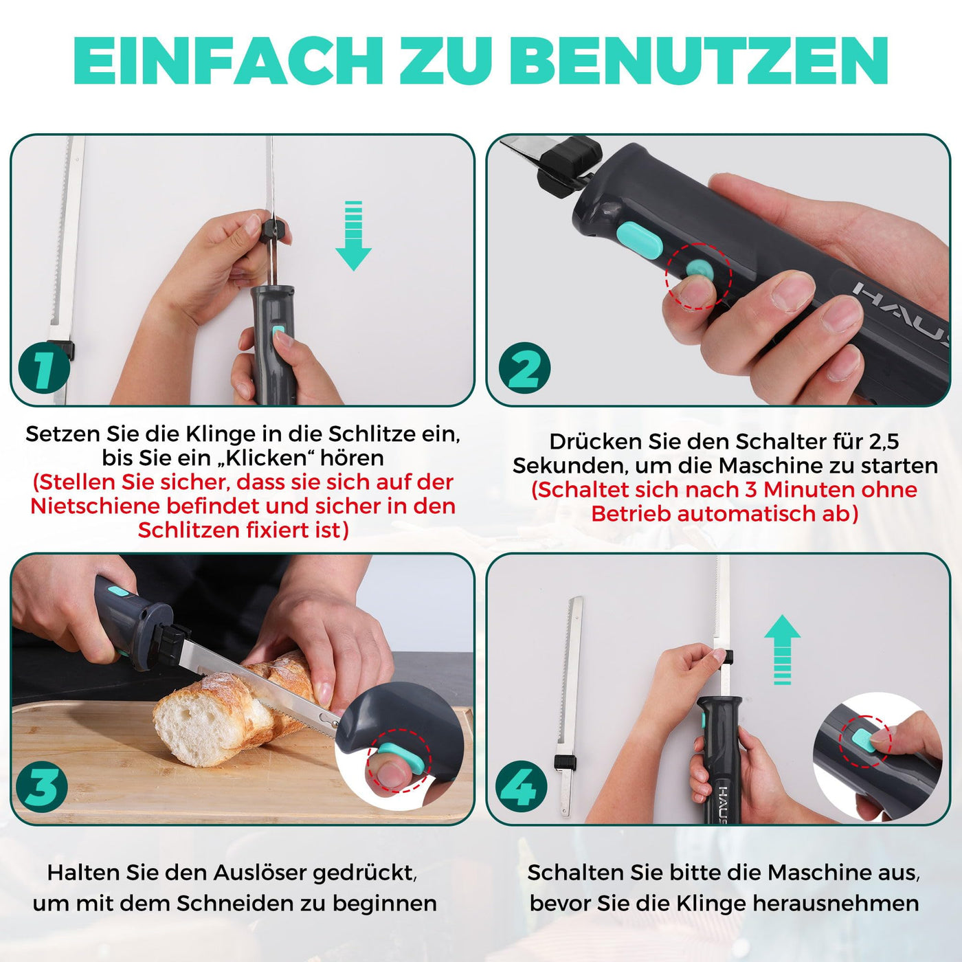 HAUSHOF Elektromesser, Kabelloses Küchenmesser mit 2 Edelstahlklingen, Elektrisches Messer mit Gabel, 2000 mAh Akku für Präzises Schneiden von Brot, Fleisch und Käse, mit Aufbewahrungsbox, Grau