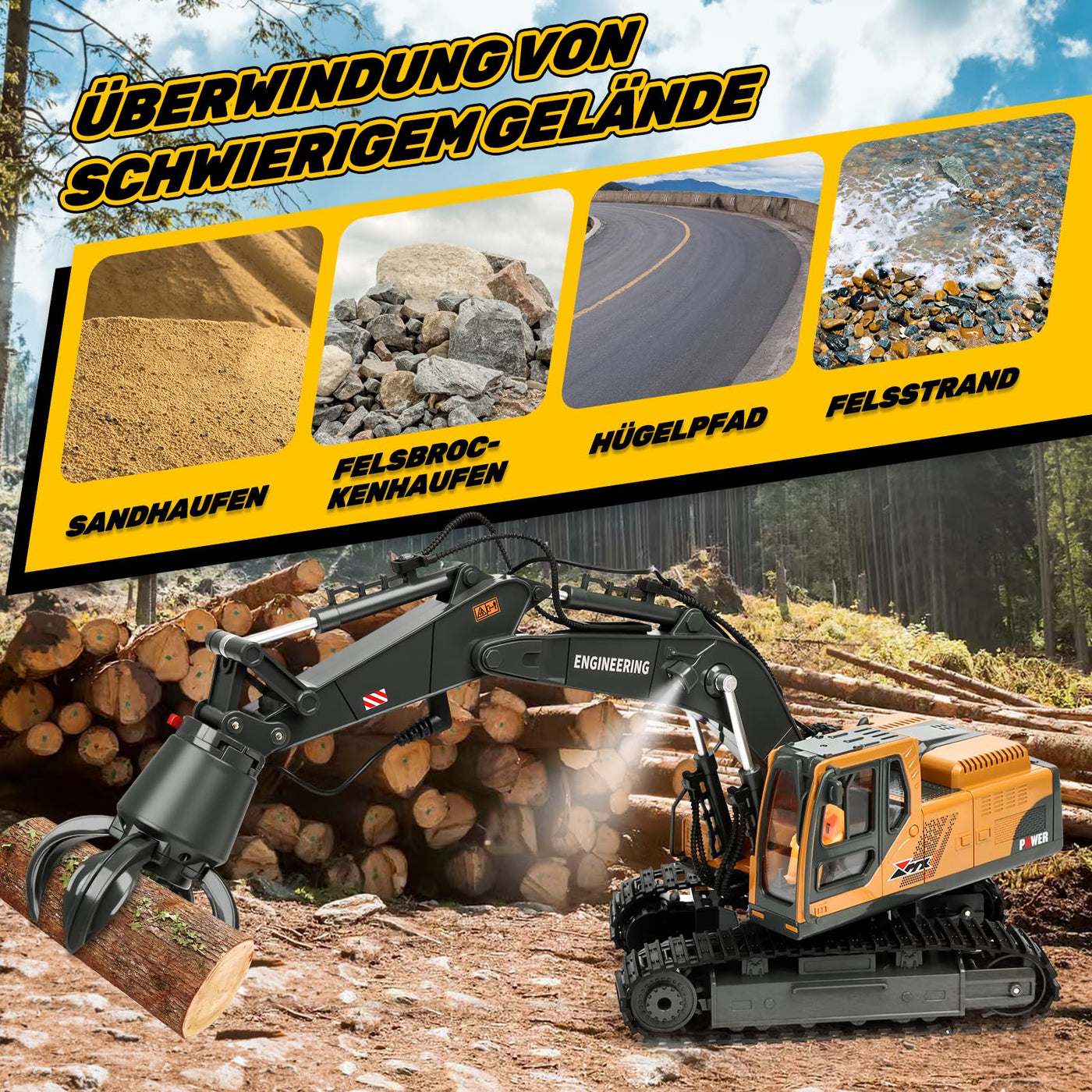 Charmofun 3-in-1 Ferngesteuerter Bagger, 2,4GHz RC Bagger Spielzeug mit DREI Metallköpfen, 680° Drehbarer Radlader mit Lichtern & Musik, Geschenk Ab 3-12 Jahre