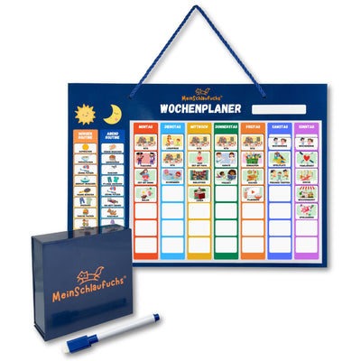 MeinSchlaufuchs® Wochenplaner Kinder - Montessori Magnettafel inkl. 250 Magnete, Aufbewahrungsbox, Kordel & Stift - beschreib- & abwischbar - Routine Planer Kinder - Kalender Kinder