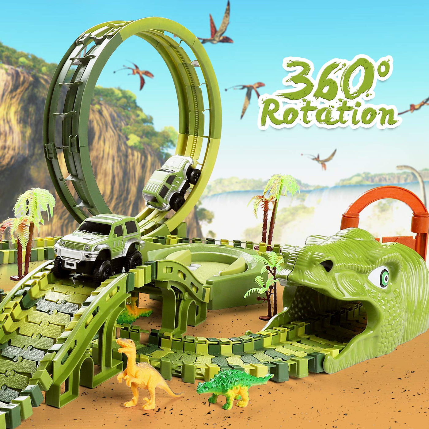 burgkidz Dinosaurier Rennstrecken Spielen Fahrzeuge Spielzeug Set, 387 Stück Flexible Dinos Bahngleise mit 360 Loop und Auto Turntable Spielset, 2 Rennwagen, Geschenk für Kinder ab 3 Jahren