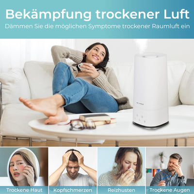 KLAMER Luftbefeuchter 4L Top Fill, Leise 30dB, 40h Laufzeit, 300 ml/h, 3 Stufen - Ideal für Büro, Schlaf- & Kinderzimmer bis 45m²