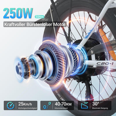 AOIHO E Bike, 20" EBike Klapprad mit 48V 374.4 Wh Lithium-Akku, Reichweite Max 70KM, Elektrofahrräder 250W Motor, 5 Fahrmodi, City E Fahrrad Herren Damen mit 7 Gängen EU-Konformes Klapprad E-Bike