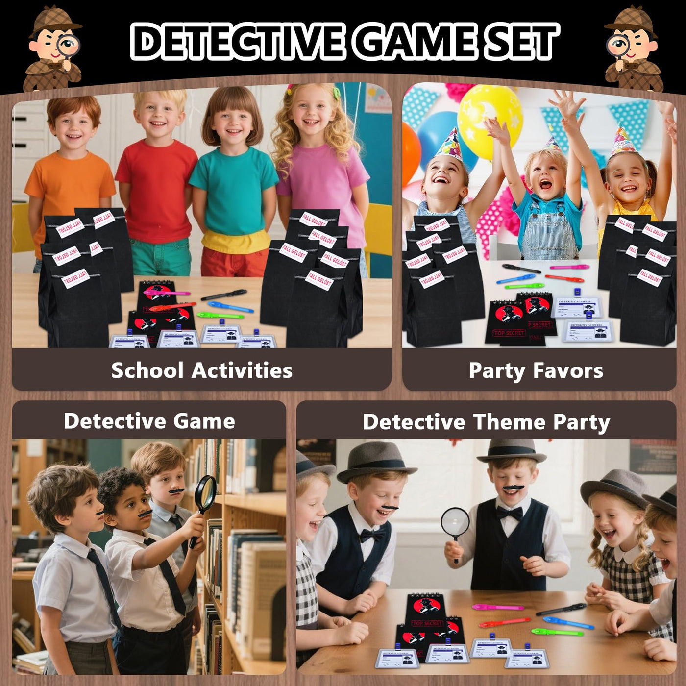 82STK Detektiv Set Kinder, Detektiv Kindergeburtstag Mitgebsel mit Geschenktüten, Geheimstift, Notizbuch, Lupe, Detektivausweis, Schnurrbart, Stempelkissen, Detektive Spielzeug für Jungen Mädchen