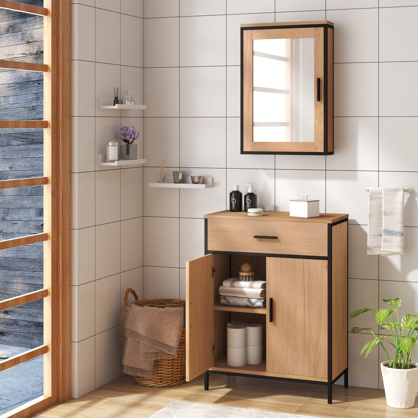 EUGAD Badezimmerschrank mit 1 Schublade 2 Türen, freistehender Badschrank, Badkommode mit verstellbarem Regal, Aufbewahrungsschrank für Wohnzimmer Küche Flur, 60x80x30 cm