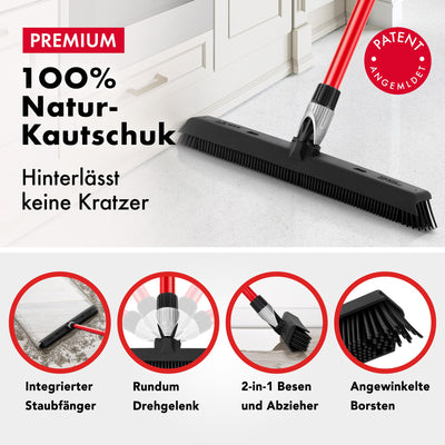 Tyroler Gummibesen & Bodenabzieher | Kehrbesen-Kopf aus 100% Naturkautschuk 41cm | Besen mit Stiel und 140cm Anti-Rost-Griff | Gummibesen mit Abzieher | Gummibesen mit Stiel | Gummibesen Tierhaare