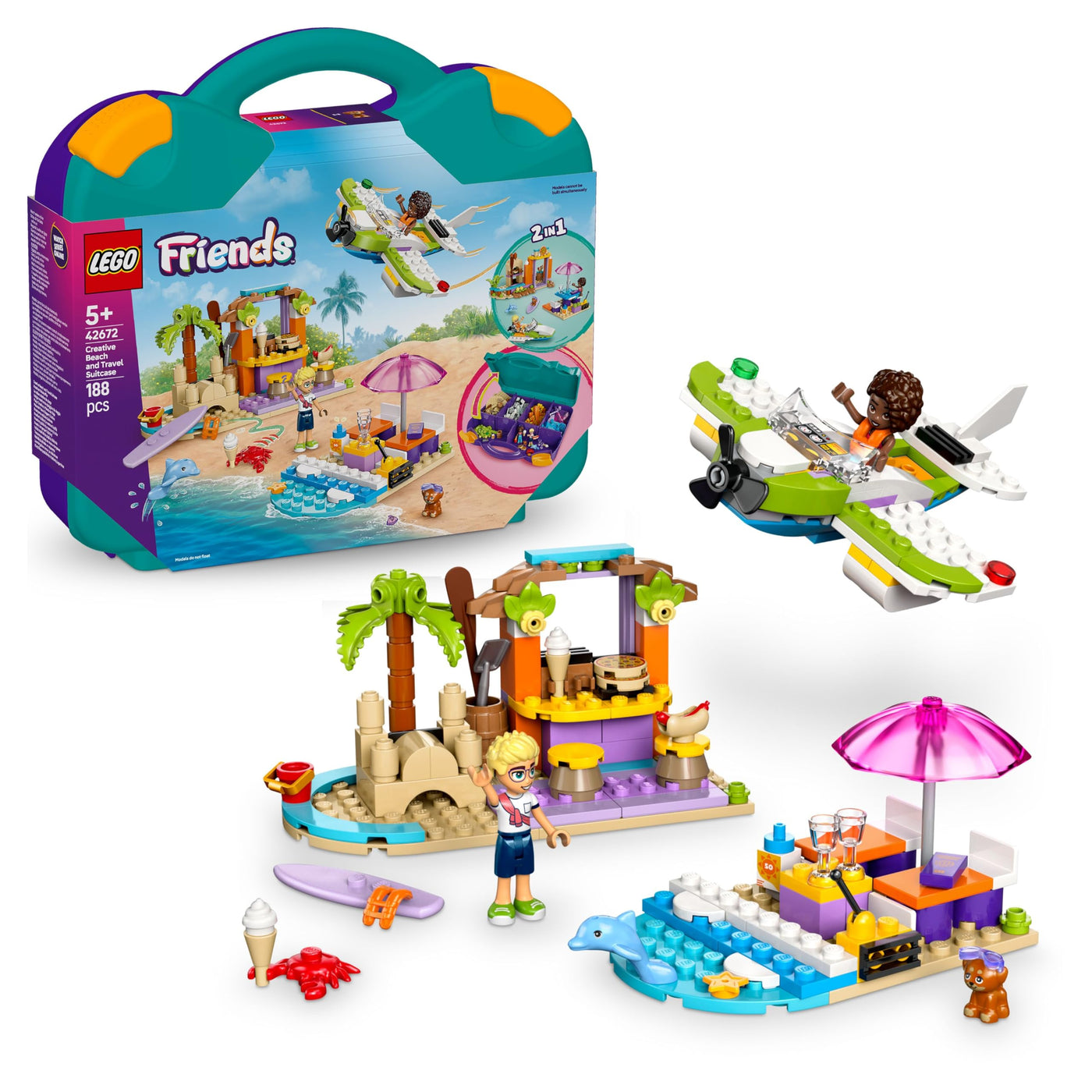 LEGO Friends Kreativer Reisekoffer, Bauspielzeug, BAU- und Spielset für Rollenspiele, Geschenk für Mädchen ab 5 Jahren, 2 Minifiguren der Charaktere, Tierfiguren, 1 Hund und 1 Delfin 42672