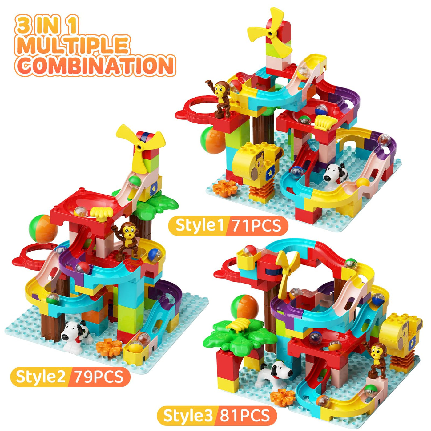 Murmelbahn Bausteine Kinder STEM Spielzeug, 3-in-1 Kugelbahn Bauset für Kinder 88 Pcs Groß Blöcke Ball Race Lernspielzeug Geburtstag Spielzeug für Jungen Mädchen 3+ Jahre