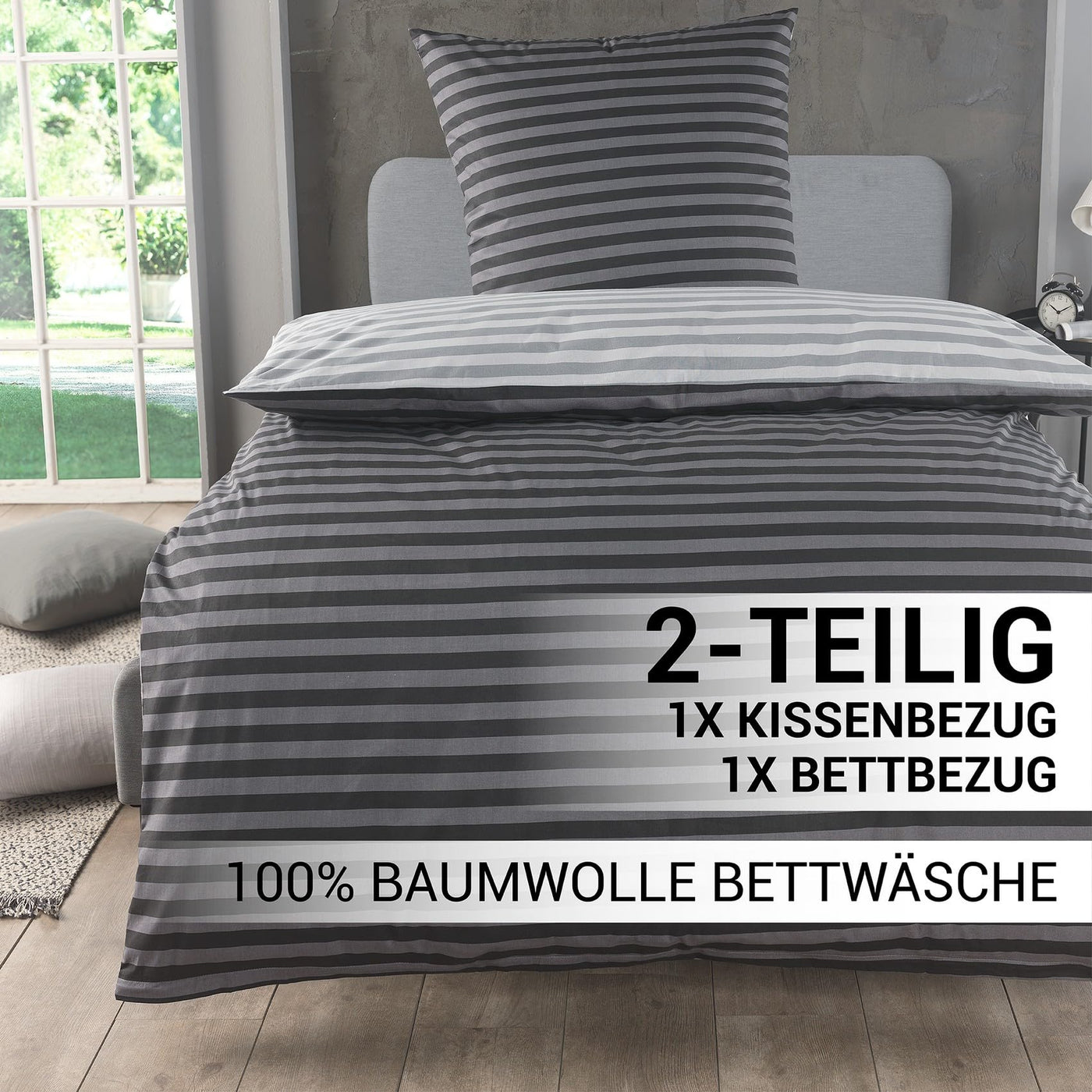 MALIKA Bettwäsche 135x200 Baumwolle, 2-teiliges Set, Streifenmuster, Wende Bettbezug 135 x 200 cm, Kissenbezug 80x80 cm, Renforcé, atmungsaktiv, maschinenwaschbar, Grau