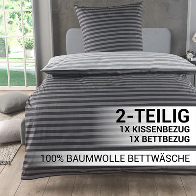 MALIKA Bettwäsche 135x200 Baumwolle, 2-teiliges Set, Streifenmuster, Wende Bettbezug 135 x 200 cm, Kissenbezug 80x80 cm, Renforcé, atmungsaktiv, maschinenwaschbar, Grau