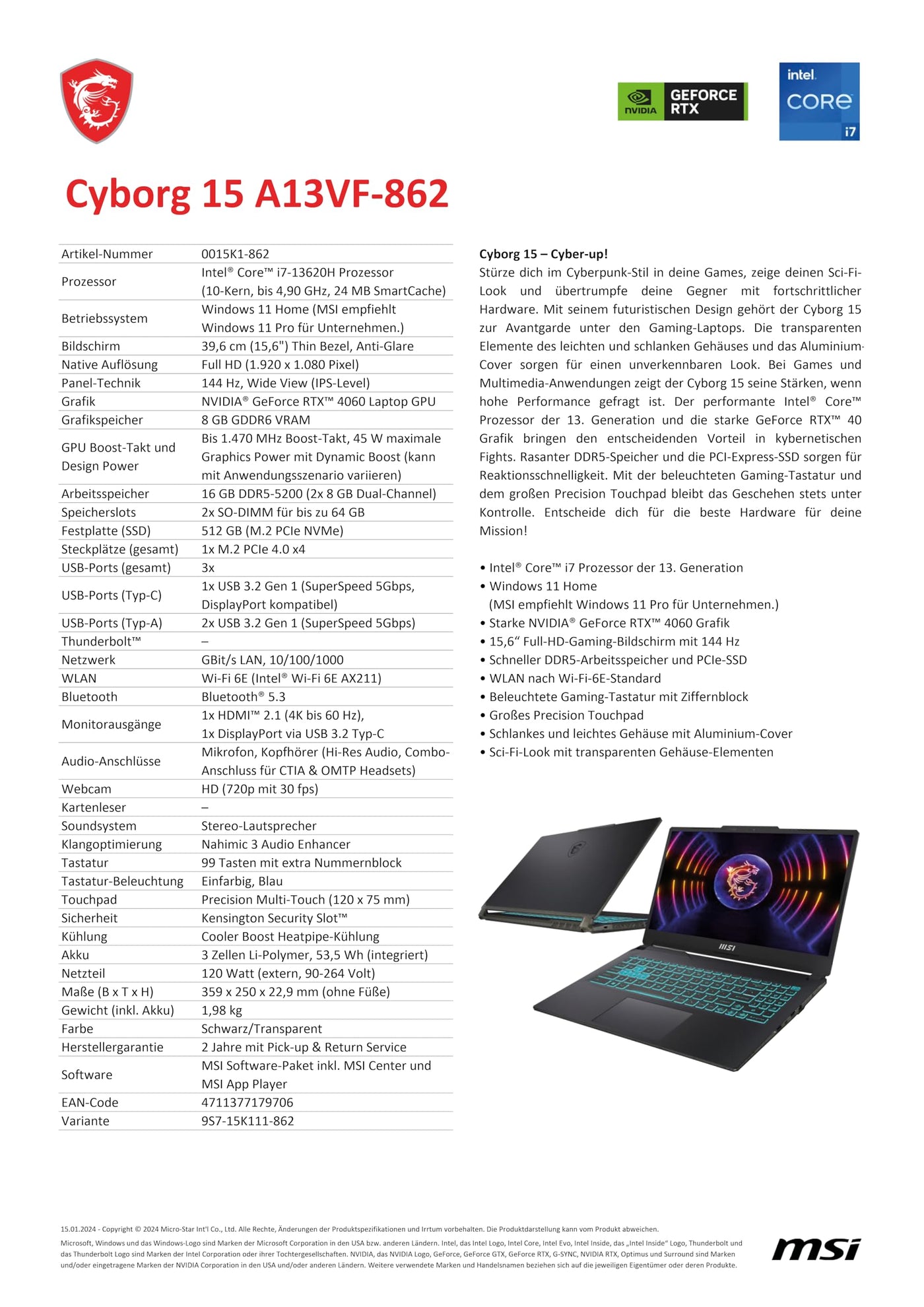 MSI Katana 15 Gaming Laptop, 15,6" Full HD 144Hz, Intel Core i7-13620H, NVIDIA GeForce RTX 4070, 16GB DDR5, 512GB SSD, Windows 11 Home, QWERTZ Tastatur, B13VGK-1860, Schwarz