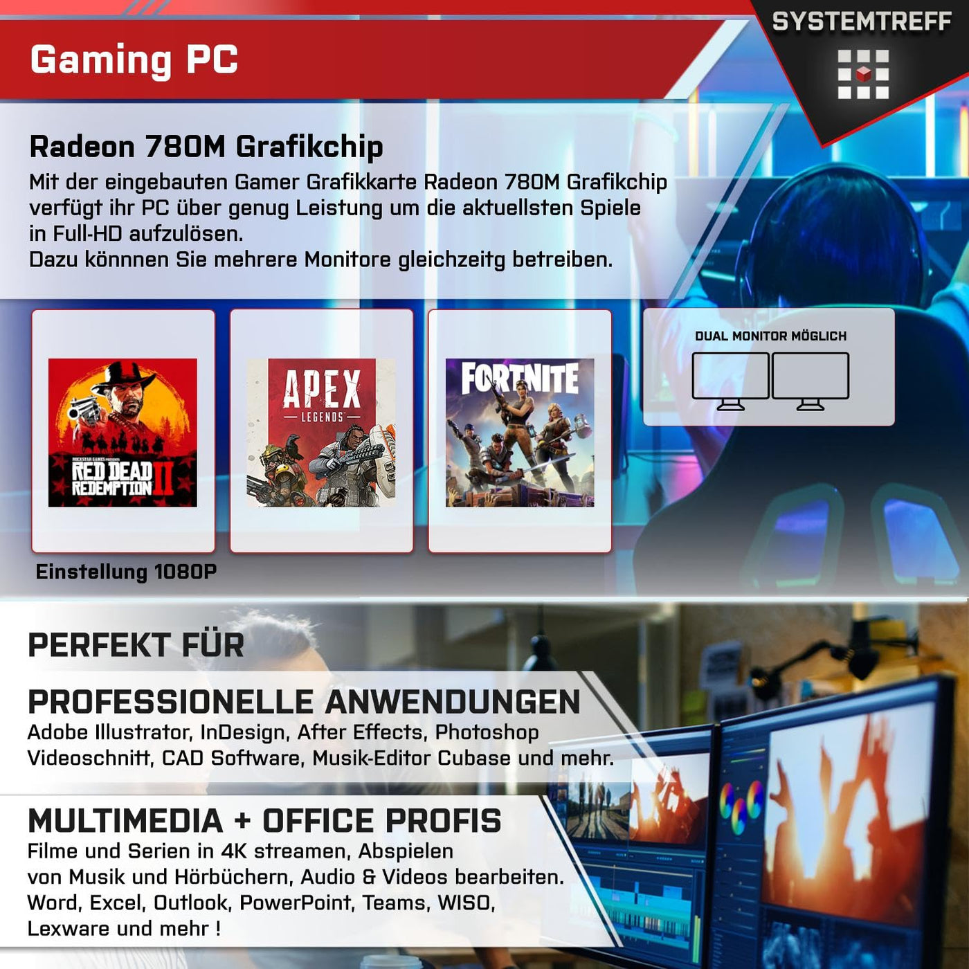 SYSTEMTREFF Basic Gaming PC AMD Ryzen 7 8700G 8x5.1GHz | AMD Radeon 780M 4K HDMI DX12 | 1TB M.2 NVMe | 32GB DDR5 RAM | WLAN Desktop Computer Rechner für Gamer, Zocker