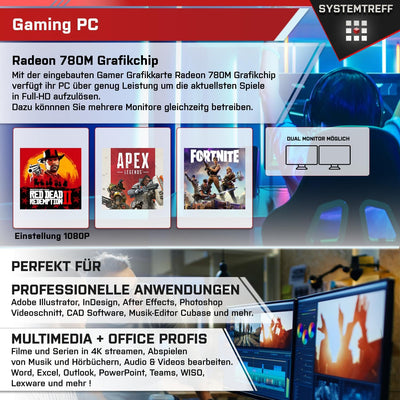SYSTEMTREFF Basic Gaming PC AMD Ryzen 7 8700G 8x5.1GHz | AMD Radeon 780M 4K HDMI DX12 | 1TB M.2 NVMe | 32GB DDR5 RAM | WLAN Desktop Computer Rechner für Gamer, Zocker