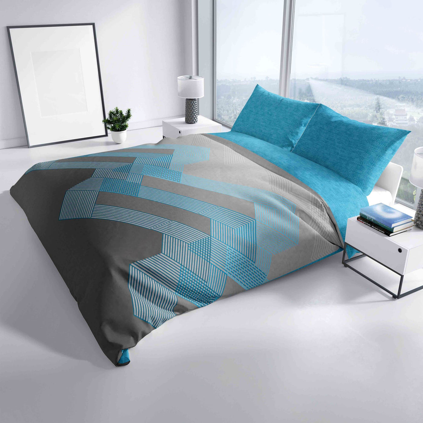 Leonado Vicenti Bettwäsche Baumwolle Set Grau Türkis Geometrisch modern Deckenbezug Kissenbezug mit Reißverschluss, 135x200 cm, 2teilig