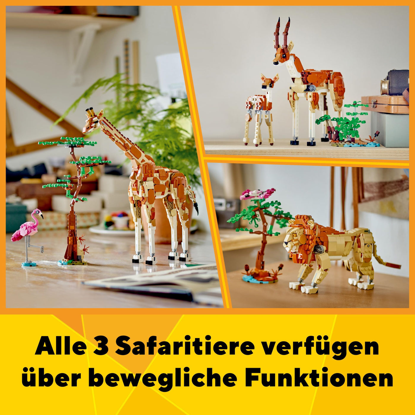 LEGO Creator 3in1 Tiersafari, Kreativ-Set mit Tierfiguren, 3 Baumöglichkeiten: Spielzeug-Giraffe, Gazellen und Löwe, Spielzeug-Tiere für Mädchen und Jungen, Natur-Geschenk für Kinder ab 9 Jahren 31150