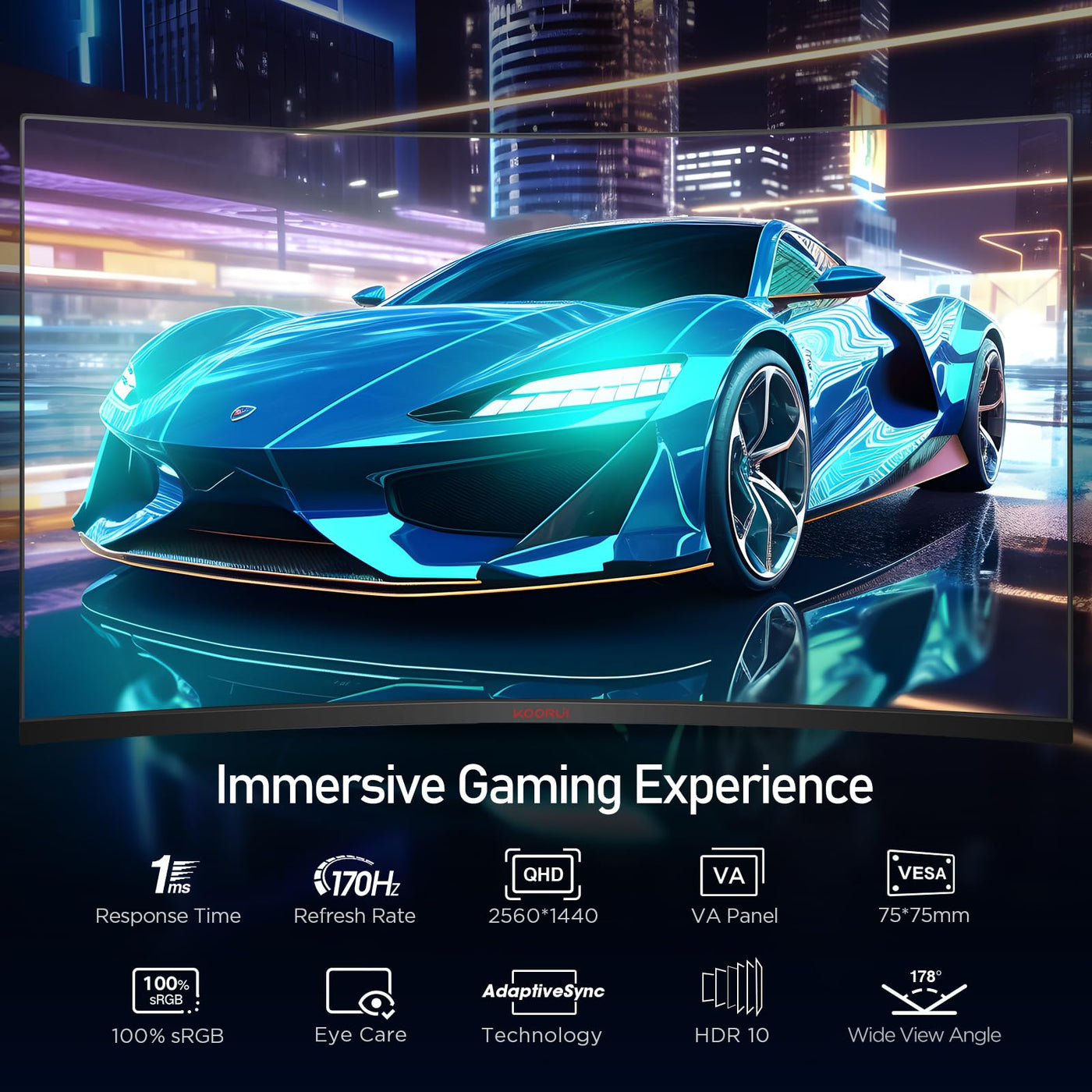 KOORUI 32 Zoll Curved Ultrawide Gaming Monitor, 2K QHD(2560x1440), 170Hz, 1ms, 1500R, VA, HDR 10, 2xHDMI (170Hz or 144Hz), DP (170Hz), AdaptiveSync, DCI-P3 90%, SRGB100%, VESA 75x75mm, Augenpflege