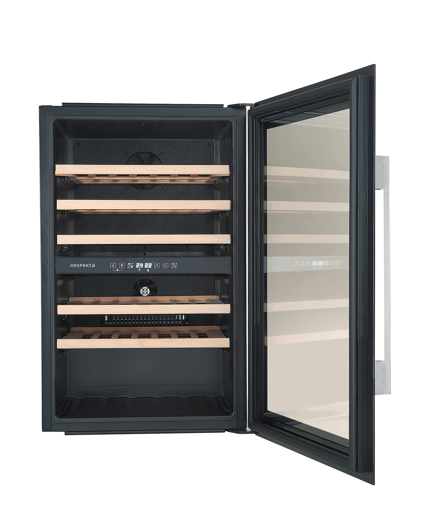 Respekta Einbau-Weinkühlschrank für 57 Standardflaschen / 143 L Nutzinhalt / 2 Temperaturzonen, je 5°-22°C/Touch Control/LED Leuchte/Wechselbarer Türanschlag/Max. 38 dB/WKSE 57-19